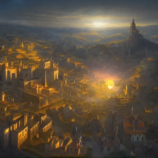 Image similar to aerial view of a medieval town situated below an orb of light hanging in the sky. bright orb, by alan lee by peter mohrbacher, trending on artstation sharp focus vfx key shot