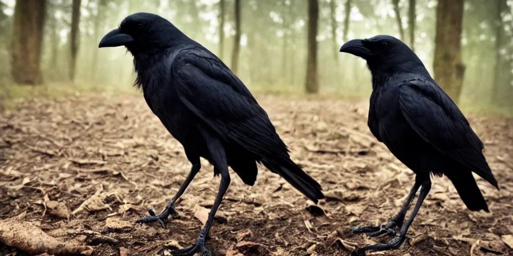 Image similar to mixture between an crow and!!!! human, photograph captured in a dark forest