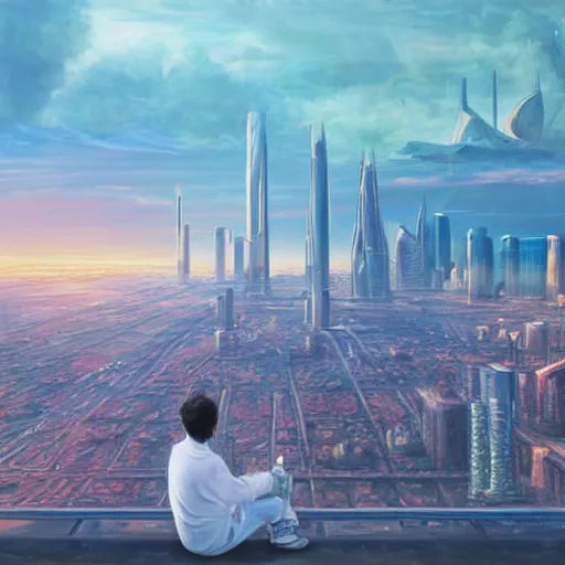 Prompt: a pastel painting of a sprawling science fiction cityscape, a man sits on a ledge and overlooks the vast expanse, 8k render, highly detailed, vibrant, uplifting, pastel colours, sunset