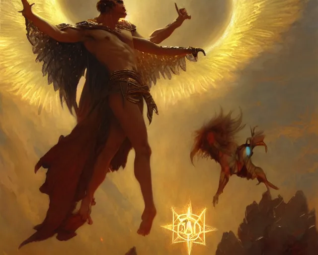 Image similar to attractive male deity, casting demonic magic, summoning handsome lucifer morning star. highly detailed painting by gaston bussiere, craig mullins, j. c. leyendecker 8 k