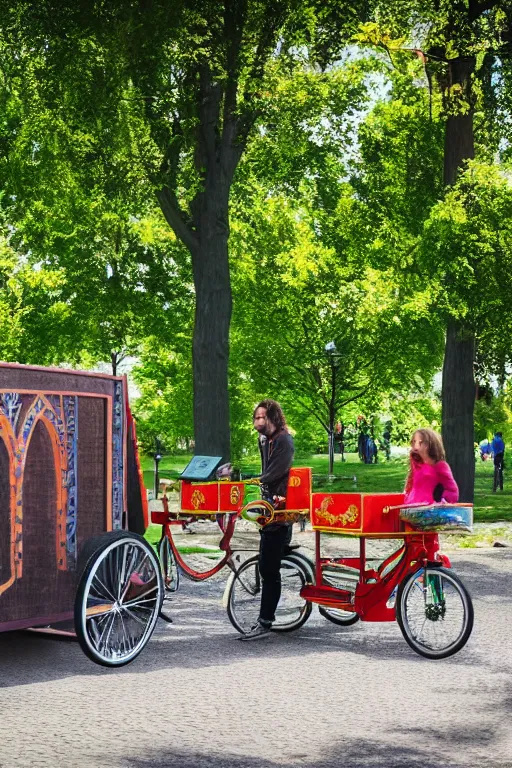 Prompt: band playing in the park with christiania cargobike. Summer. Cinematography, mega scans, cinematic, hyper realistic, photo realistic, cinematic composition, highly detailed, vray, 8k render