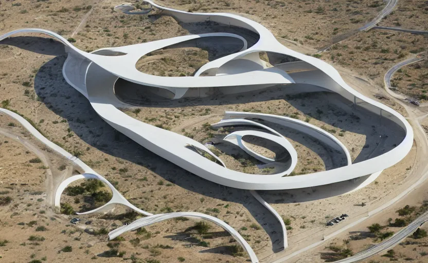 Prompt: parametric structure, medical complex, in the desert beside the gulf, view from above, design by toyo ito, dezeen, architectural photography