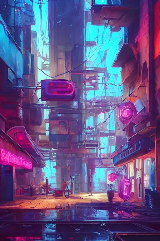 Prompt: water pouring neon signs, trending on artstation a surrealism painting by felix kelly depicting an abandoned city by tyler edlin and rhads, trending on deviantart artstation, behance cyberpunk city topography