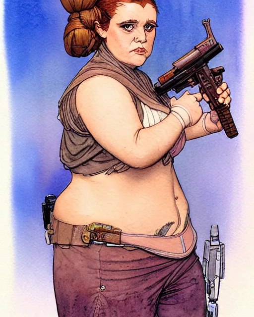 Image similar to a realistic and atmospheric watercolour fantasy character concept art portrait of a fat, chibi princess leia with pink eyes wearing a wife beater and holding a gun. by rebecca guay, michael kaluta, charles vess and jean moebius giraud