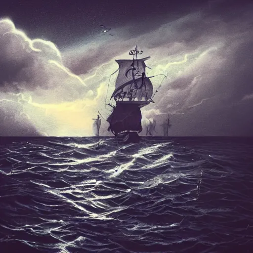 Image similar to a girl is pirate in a ship which is sailing in dark sea sky is dark blue and clouds and thunderstorms coming in far waves are big