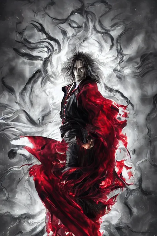 Image similar to a regal portrait of alucard set against a shadowy background by ayami kojima, detailed, photorealistic, volumetric lighting, studio lighting, cgi