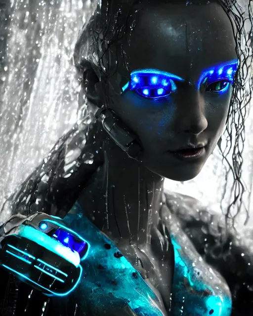 Prompt: photo of female dancer as a cyberpunk mecha humanoid robotic head shoulder parts with straight bright led lights, under a waterfall, wet skin with water dripping down face, photorealism, ultra - realistic and detailed, 8 k