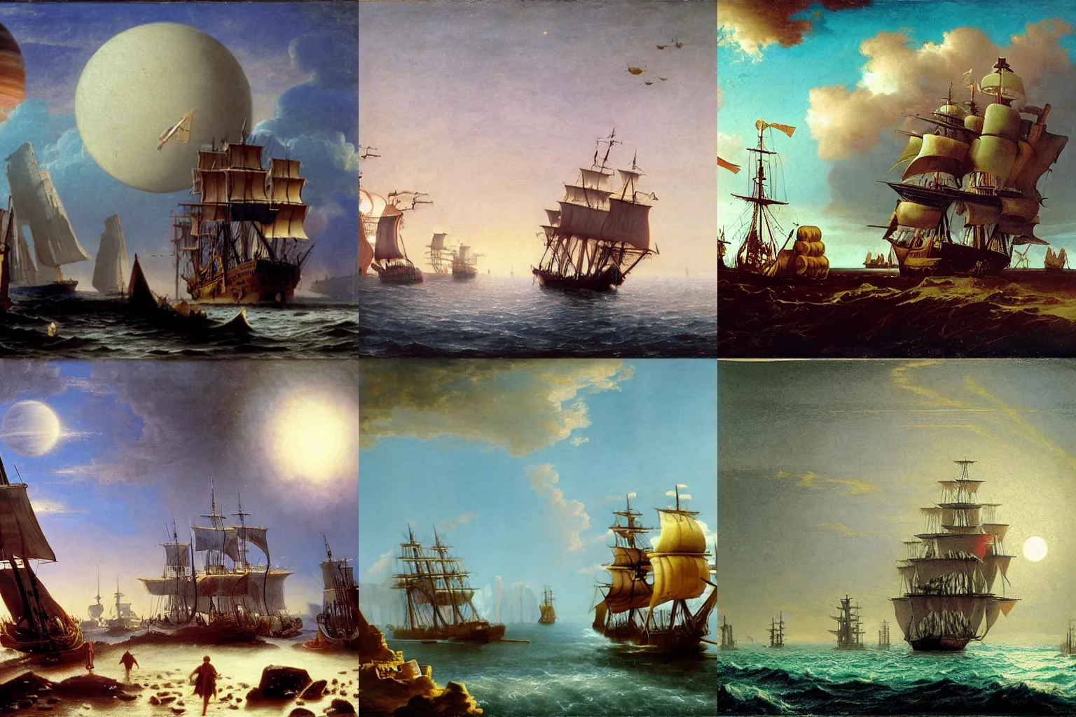 Prompt: 1700s pirate ships orbiting a gas giant, albert bierdstadt