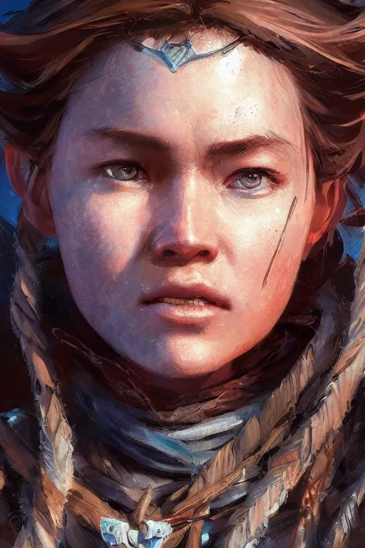 Prompt: aloy from horizon : forbidden west. digital painting by jeremy man and greg rutkowski, closeup portrait. shallow depth of field field.