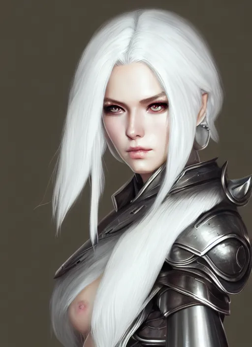 Image similar to fur - lined armor!!! beautiful and elegant white haired female!! gorgeous ayes!! character concept art, sharp focus, octane render! unreal engine 5! highly rendered!! trending on artstation!! detailed linework!! illustration by artgerm, wlop and sakimichan