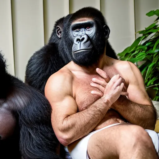 Prompt: joe rogan spooning with a gorilla in a five start hotel, honeymoon photoshoot