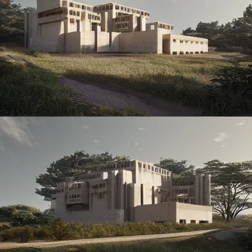 Image similar to brutalist modern beige house inspired by tibetan palace, built like a stadium with atrium in the middle, on a hill surrounded by big trees, dramatic lighting, artstation, realistic rendering, unreal engine, octane render, raphael lacoste, simon stalenhag, frank lloyd wright, helicopter view