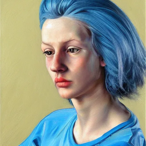 Prompt: high quality high detail painting by lucian freud, hd, blue hair girl portrait, photorealistic lighting