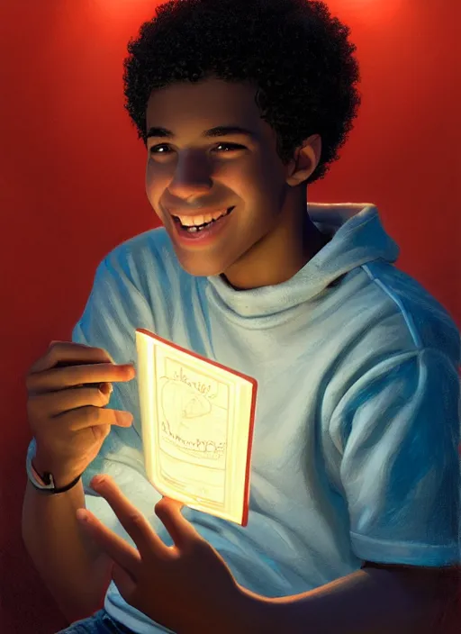 Image similar to portrait of teenage chuck clayton, black teenage boy, very short curly hair, very short hair, square jaw, slight excited smile, reading archie comic book, intricate, elegant, glowing lights, highly detailed, digital painting, artstation, concept art, smooth, sharp focus, illustration, art by wlop, mars ravelo and greg rutkowski