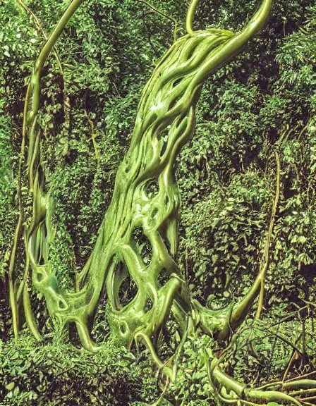 Image similar to vintage color photo of a giant 1 1 0 million years old abstract sculpture made of liquid gold covered by the jungle vines