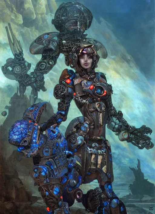 Prompt: biblical daemonic bautiful cyborg girl with glowing veins, shoulder pads, rocket launcher, on planet jupiter, underwater photography, by gerald brom, by mikhail vrubel, by peter elson, muted colors, extreme detail, trending on artstation, 8 k