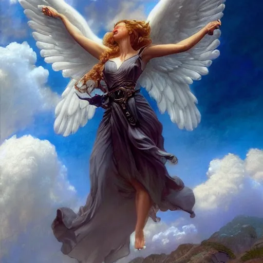 Image similar to a photo of a beautiful alluring female angel in the clouds, detailed, centered, digital painting, artstation, concept art, donato giancola, Joseph Christian Leyendecker, WLOP, Boris Vallejo, Annie Leibovitz and Steve McCurry, David Lazar, Jimmy Nelsson, Breathtaking, 8k resolution, extremely detailed, beautiful, establishing shot, artistic, hyperrealistic, beautiful face, octane render