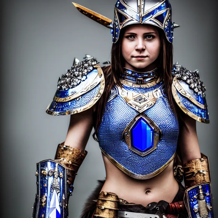 Prompt: full length photo of a cute beautiful warrior queen wearing sapphire encrusted armour, highly detailed, 4 k, hdr, smooth, sharp focus, high resolution, award - winning photo