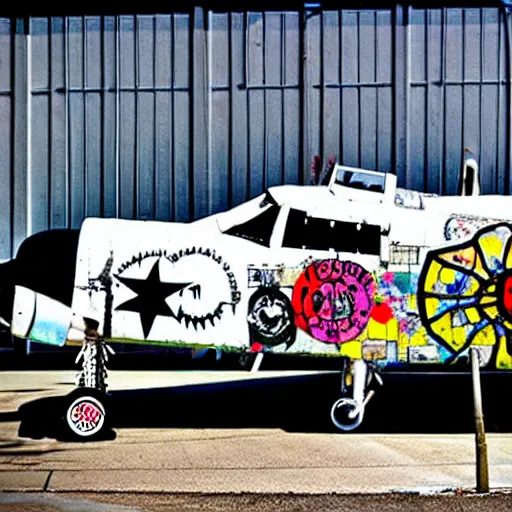 Prompt: Fairchild A-10 Thunderbolt covered in street art, in bone yard