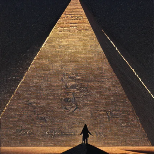 Image similar to A closeup shot of Pyramid Head standing in front of The Satanic Great Pyramid of Giza, intricate, highly detailed, fullbody, artstation, dark fantasy, horror, Silent Hill game, concept art, smooth, sharp focus, illustration, art by greg rutkowski and orientalism and bouguereau and Zdzislaw Beksinski, good clear quality, lighting, biology, symmetrical artwork, perfect face, 135 mm, cinematic, hyper realism, high detail, octane render, 8k, chrome accents