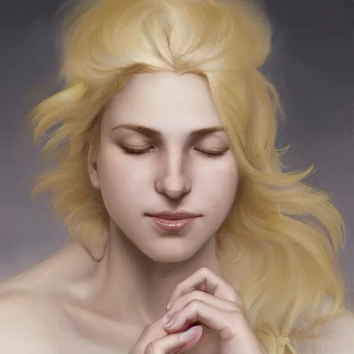 Image similar to A pregnant blond woman with closed eyes smiling, very detailed sharp angular masculine face, hooked nose and square jaw long fluffy curly blond hair, (12x) extremely pale white skin, light blond hair, gorgeous, beautiful, intricate, highly detailed, digital painting, artstation, concept art, sharp focus, illustration, art by greg rutkowski and alphonse mucha