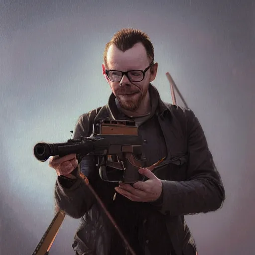 Image similar to portrait of simon pegg in the london of suburbs, winchester rifle, zombie apocalypse, joyful smirk, intricate, elegant, highly detailed, digital painting, artstation, concept art, matte, sharp focus, illustration, art by artgerm and greg rutkowski and alphonse mucha