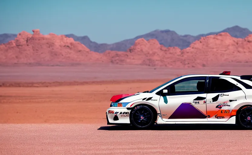 Image similar to photograph of an itasha Honda Civic EK9 Type-R, surrounded by desert with a futuristic city in the horizon, sigma 85mm f/1.4, 4k, depth of field, high resolution, 4k, 8k, hd, full color