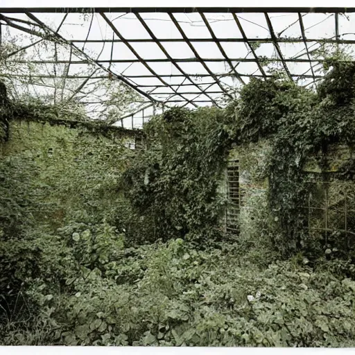 Image similar to an abandoned building, overgrown plants, dreamy, overcast, by hans bellmer