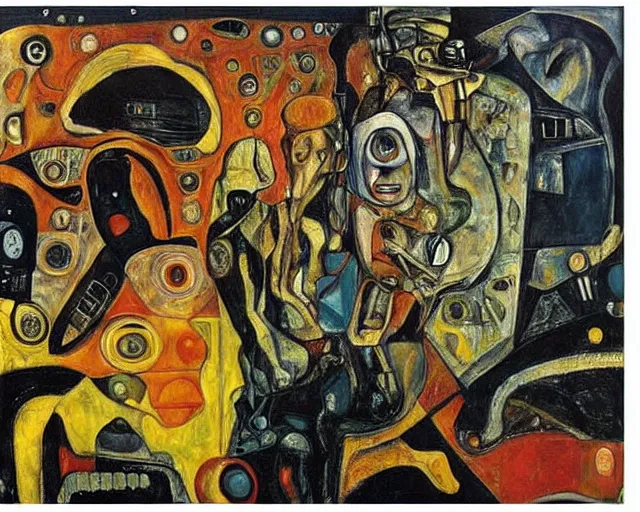Image similar to a painting of a aliens and robots by graham sutherland, egon schiele, gustav klimt, guernica!, expressionism