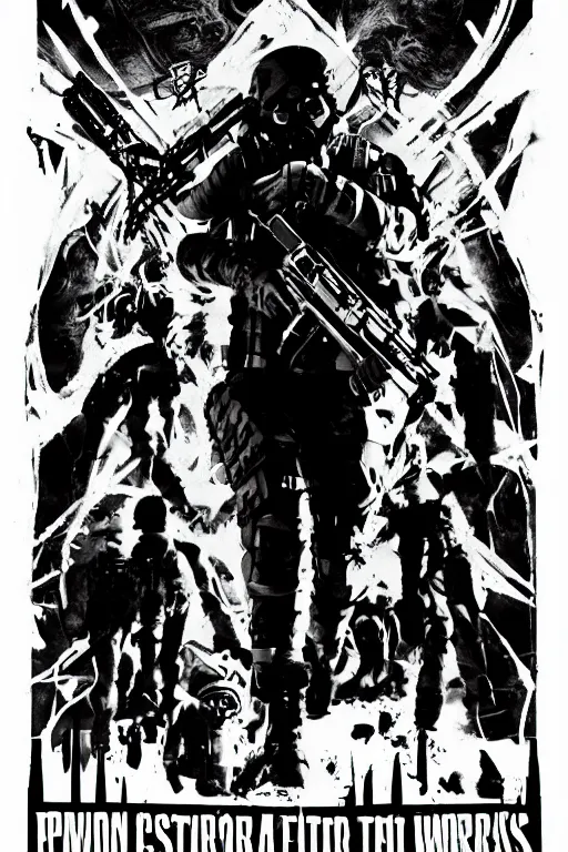 Image similar to a paranormal soldier, mystical tattoos, emp weapons strapped in shoulders, horror sci - fi black and white poster