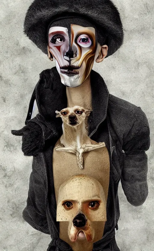 Prompt: human borzoi, human with elongated face and skull, dog man, cute, strange, surreal, hyperrealistic