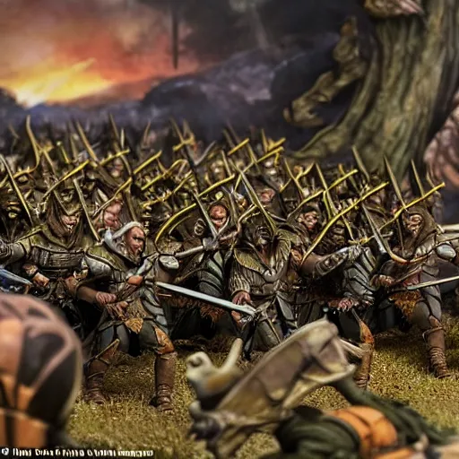 Image similar to photo taken of an epic battlefield diorama designed by weta workshops, an army of high elves battling a horde of orcs, with highly detailed 3 d printed characters, wide shot, photorealistic, sharp focus, f 0. 4, golden ratio, golden hour