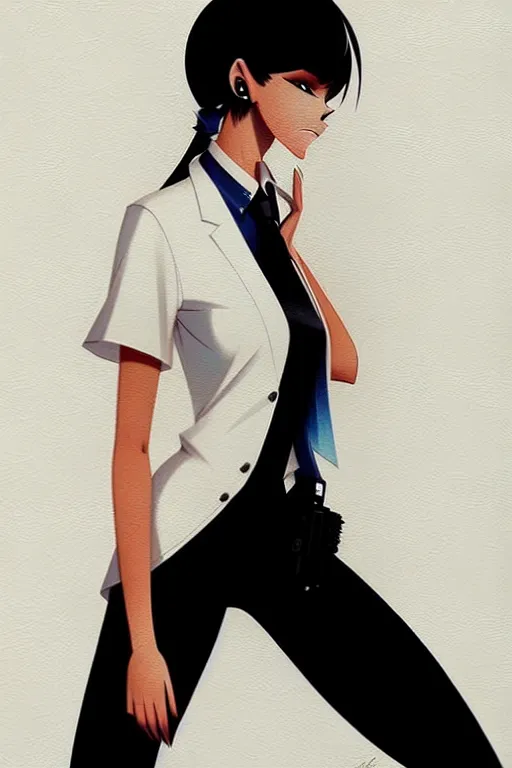 Image similar to a ultradetailed beautiful panting of a stylish woman, she is wearing a white shirt with a tie and black pants, by conrad roset, greg rutkowski and makoto shinkai trending on artstation