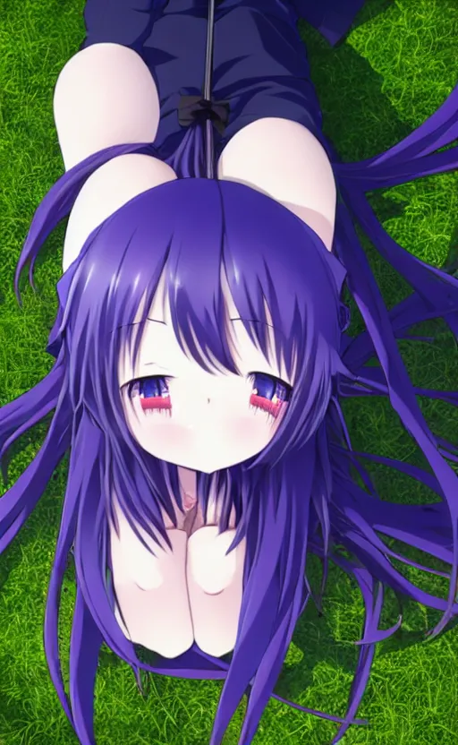 Image similar to A top down view of a cute young real life 3D anime girl with long blueish violet hair laying on her back, her hands are above her head, wearing a black reaper hood with shorts, a bloody scythe is laying next to her foot, in a dark field, top down angle, laying on her back, full body, dark and moody lighting, night time