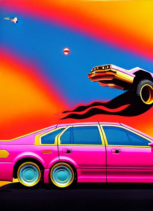 Prompt: cute burning wrecked ford taurus by shusei nagaoka, kaws, david rudnick, airbrush on canvas, pastell colours, cell shaded, 8 k