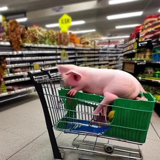 Prompt: pig pushing a shopping cart at the grocery store, photo real, award winning