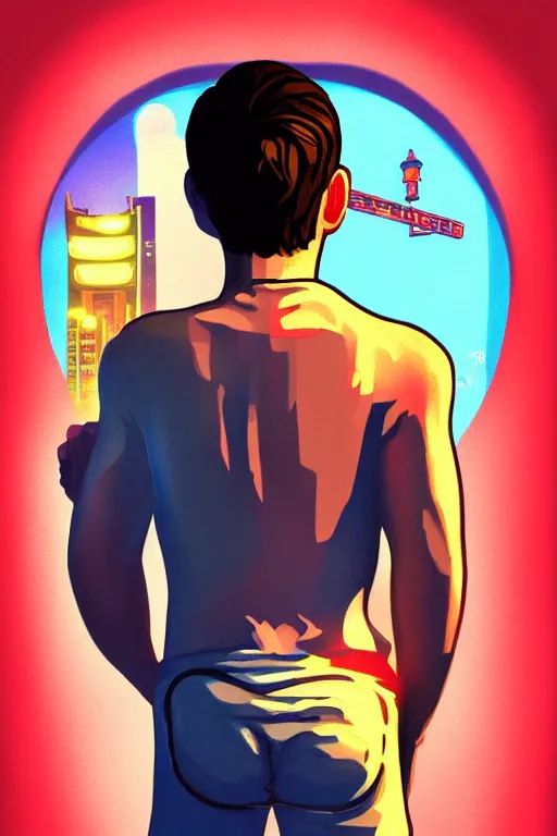 Image similar to boy with singlet and towel on shoulder. grand theft auto chinatown art style, bioshock art style pop art, no duplicate image, glowing lights, ultra details, digital painting, artstation, concept art, smooth, sharp focus, illustration, intecrate details, art by richard hamilton and mimmo rottela, pixels art by paul robertson