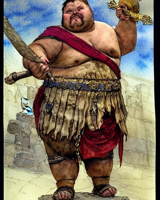 Prompt: a realistic and atmospheric watercolour fantasy character concept art portrait of a fat adorable chibi bulldog roman centurion in a roman temple, by rebecca guay, michael kaluta, charles vess and jean moebius giraud