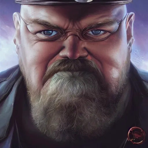 Image similar to chonky ethan van sciver with a bald head and grey trimmed beard with a pointy nose as a sea captain, beautiful artwork by artgerm and rutkowski, breathtaking, beautifully lit, dramatic, full view