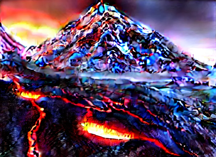 Image similar to hyperrealism, detailed textures, photorealistic 3 d render, a lava flow coming down mount everest, one million lave rivers, sharp focus, ultra realistic, ultra high pixel detail, cinematic, intricate, cinematic light, concept art, illustration, art station, unreal engine 8 k