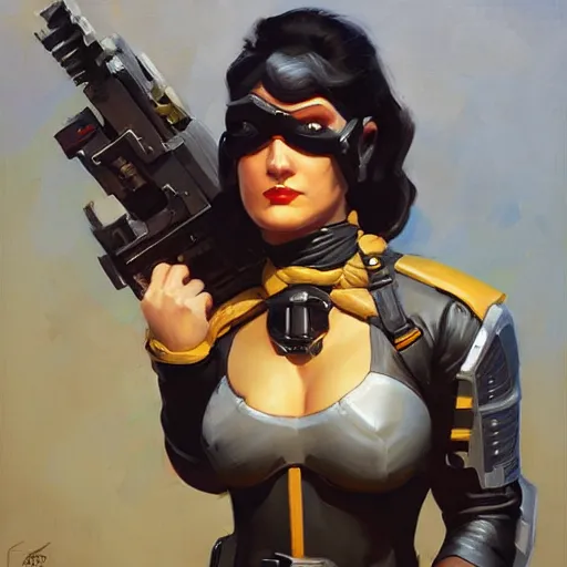 Image similar to greg manchess portrait painting of armored neena thurman aka domino as overwatch character, medium shot, asymmetrical, profile picture, organic painting, sunny day, matte painting, bold shapes, hard edges, street art, trending on artstation, by huang guangjian and gil elvgren and sachin teng