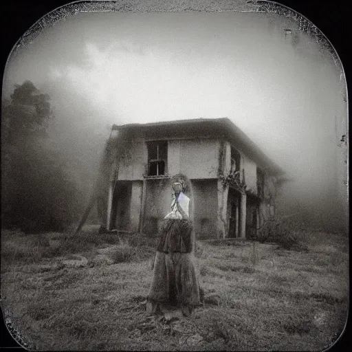 Prompt: an ancient evil-girl devouring the souls of the human kind on an abandoned house, Colombian jungle, mist, 1910 polaroid photography, grainy film, Black and white