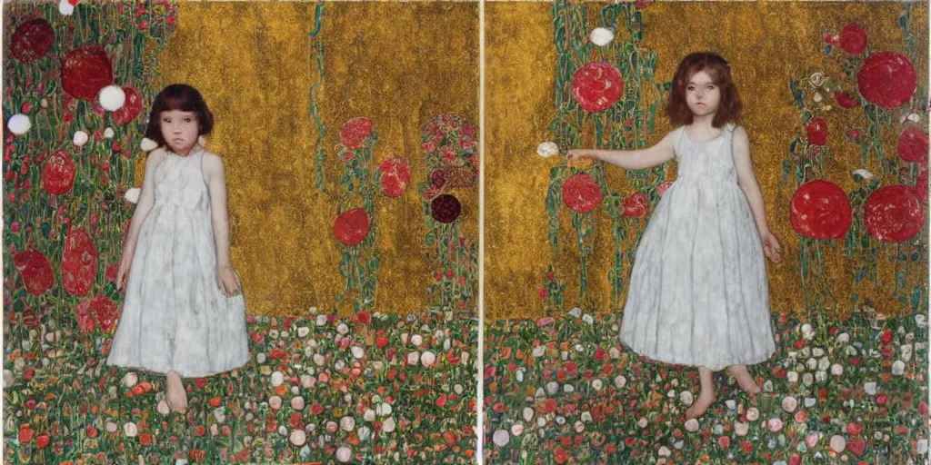 Prompt: a little girl standing in the middle of the picture holding a flower, wearing a white dress and red marijane shoes, on a marble floor, facing the picture, with two marble columns on either side of the picture, with gold and white ornaments, gold leaf, silver leaf and line, by klimt