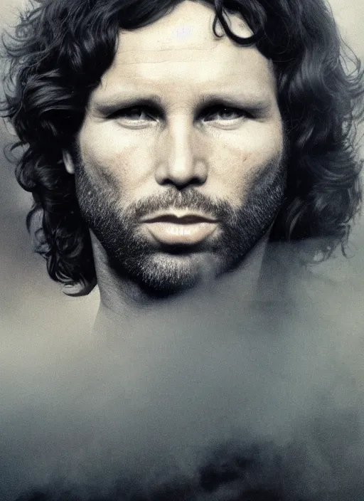 Image similar to jim morrison in real life, face centered portrait of jim morrison, confident, fog, rain, volumetric lighting, beautiful, golden hour, sharp focus, ultra detailed, cgsociety by leesha hannigan, ross tran, thierry doizon, kai carpenter, ignacio fernandez rios, noir art house, 4 k, 3 5 mm, fujifilm