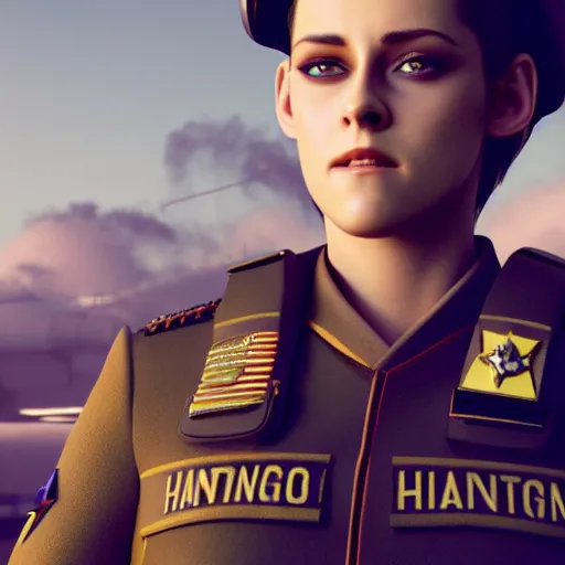 Image similar to Render of Kristen Stewart as Honor Harrington wearing an officer's uniform, cute 3d, long brown hair, brown eyes, soft smile, golden hour, aboard a starship, medium shot, mid-shot, trending on Artstation, Unreal Engine 4k