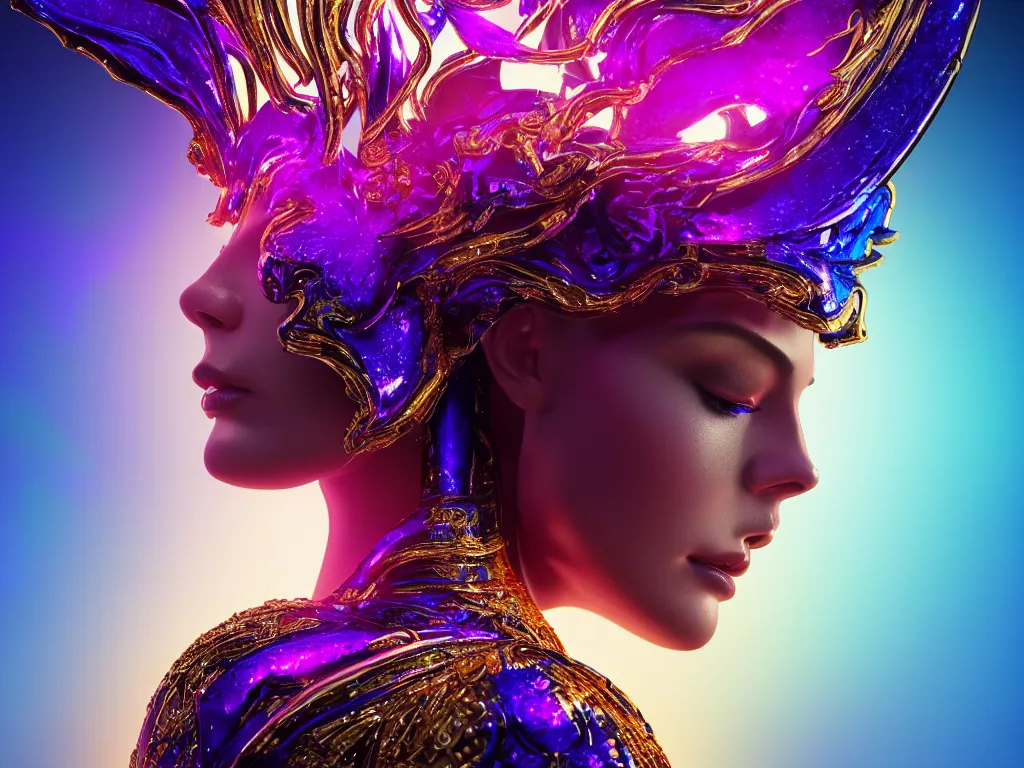 Prompt: beautiful robot with a gold crown by alex grey + orchids dripping black iridescent liquid, winged victory, moody, dramatic, introspective, transcendent, vibrant color, clean linework, finely detailed, 4 k, trending on artstation, photorealistic, volumetric lighting, octane render