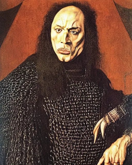 Image similar to a portrait of gene simmons painted by albrecht durer, highly detailed