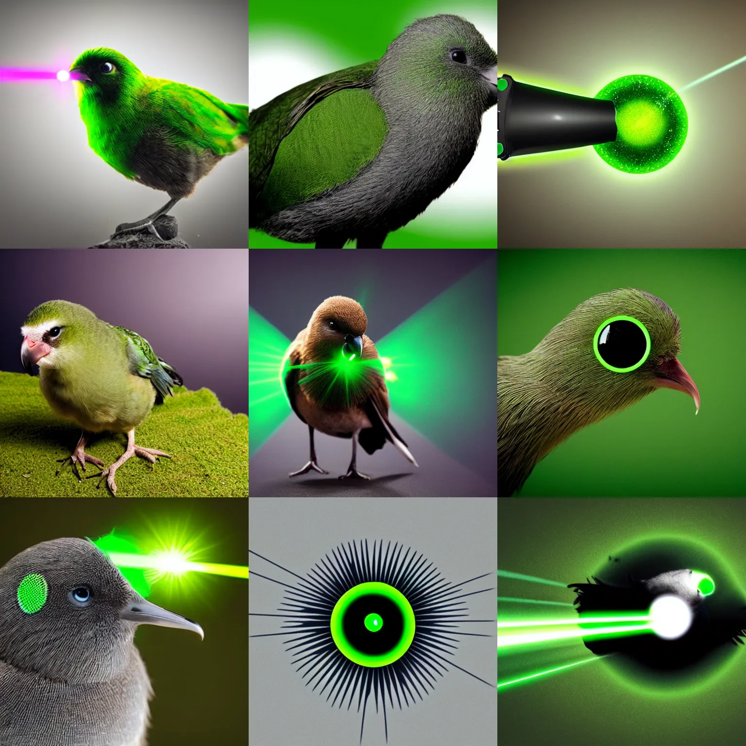 Prompt: a kiwi bird shooting a green laser through its eyes, black background, high quality