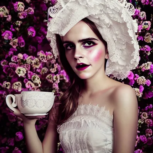 Prompt: big eyes full body fashion model emma watson smokey eyes makeup eye shadow textured film grain fantasy, glow, shimmer as victorian woman in a long white frilly lace dress and a large white hat having tea in a sunroom filled with flowers, roses and lush fern flowers ,intricate, night, highly detailed, dramatic lighting , high quality
