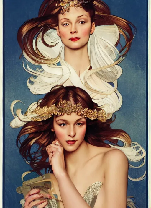 Image similar to pantene advertisement photography by mucha, norman rockwell, extremely coherent, sharp focus, elegant, render, octane, detailed, award winning photography, masterpiece, rim lit